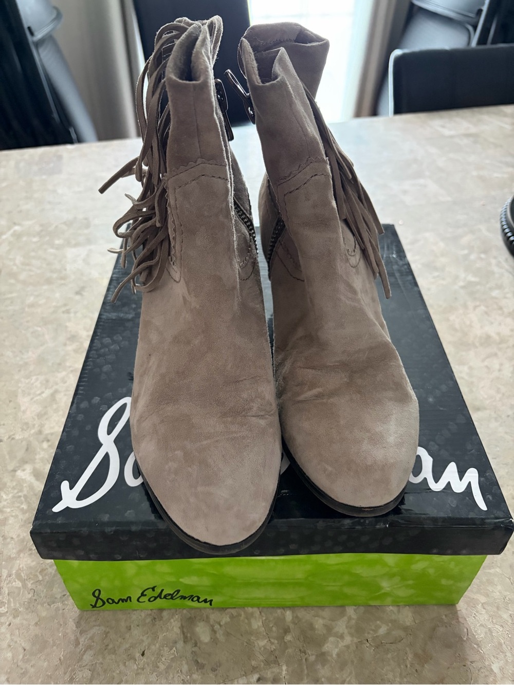 Sam Edelman Taupe Suede Fringe Ankle Booties